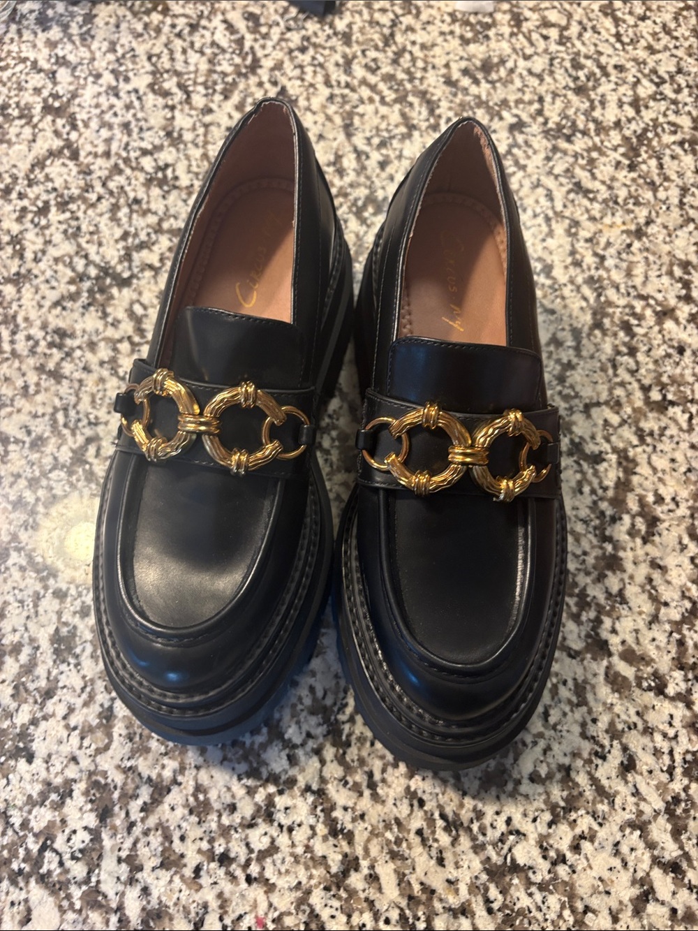 Circus by Sam Edelman Black Leather Loafers with Gold Chain Accent